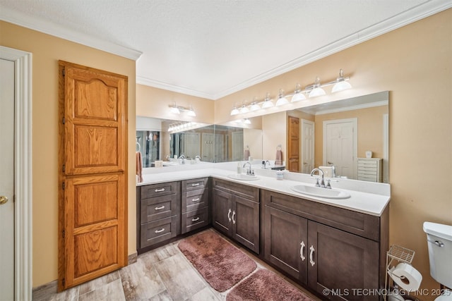 bathroom featuring double vanity, crown molding, toilet, and a sink