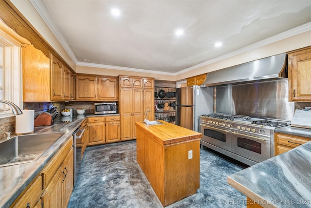 kitchen with appliances with stainless steel finishes, crown molding, a sink, and wall chimney exhaust hood