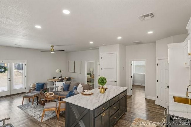 kitchen featuring visible vents, dark wood finished floors, a center island, french doors, and recessed lighting