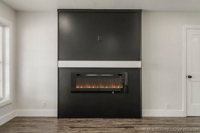 details with a fireplace, wood finished floors, and baseboards