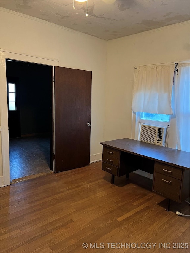 home office with cooling unit and wood finished floors