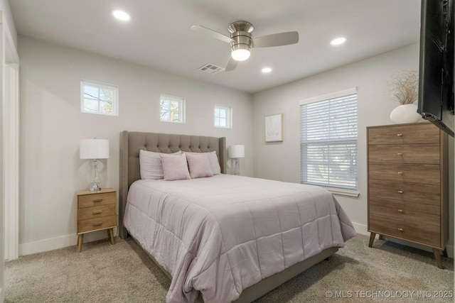 bedroom with baseboards, visible vents, carpet floors, recessed lighting, and ceiling fan