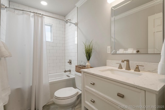 full bathroom featuring shower / bath combo, toilet, vanity, and ornamental molding