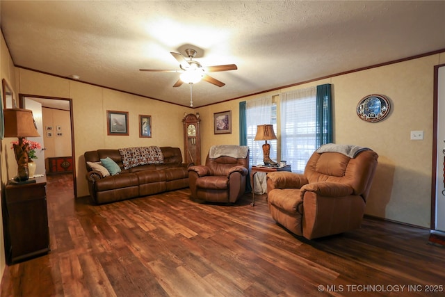 living room with a ceiling fan, crown molding, a textured ceiling, and wood finished floors