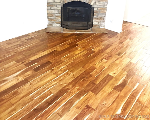 room details featuring a fireplace and wood finished floors