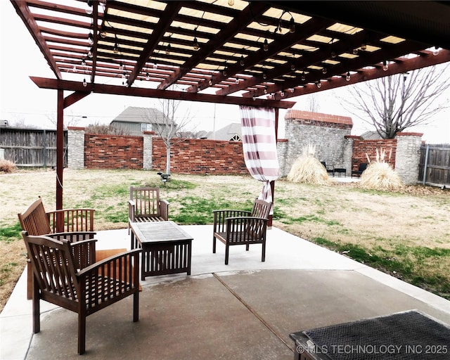 view of patio / terrace featuring a fenced backyard and a pergola