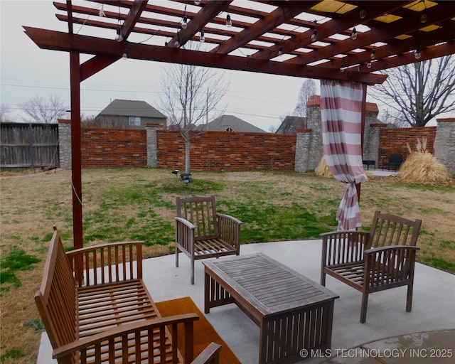 view of patio featuring a fenced backyard, outdoor lounge area, and a pergola