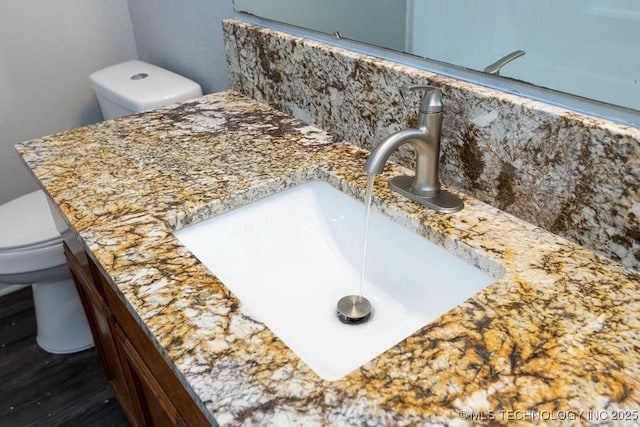 interior details with tasteful backsplash, vanity, and toilet