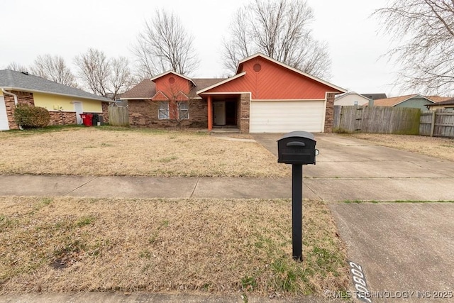 ranch-style house featuring a garage, fence, concrete driveway, and brick siding