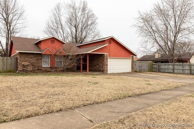 ranch-style home featuring driveway, a garage, fence, and brick siding