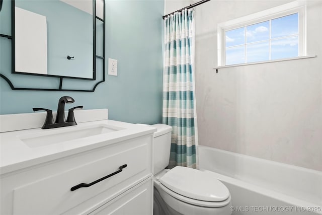 full bathroom with vanity, toilet, and shower / bath combo with shower curtain