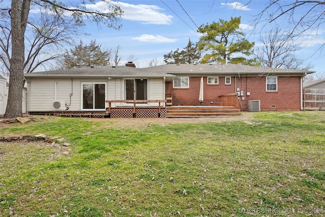 back of house featuring a yard, crawl space, fence, and central air condition unit