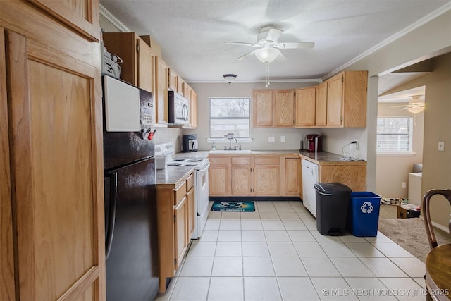 kitchen featuring a wealth of natural light, white appliances, light tile patterned flooring, and a sink