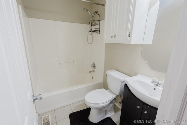 bathroom featuring shower / washtub combination, visible vents, toilet, vanity, and tile patterned floors