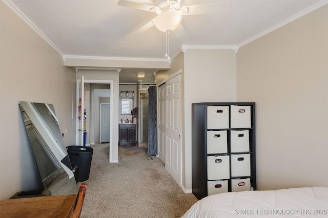 carpeted bedroom featuring ceiling fan, ensuite bathroom, and crown molding