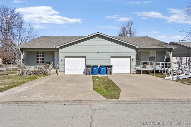 single story home featuring a garage, covered porch, a shingled roof, and driveway