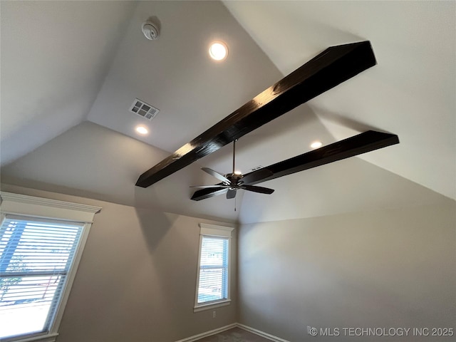 room details featuring visible vents, ceiling fan, beam ceiling, and recessed lighting