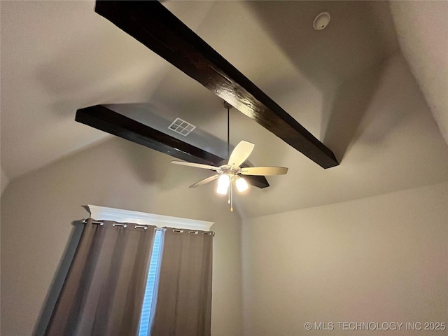 details with visible vents, beamed ceiling, and ceiling fan