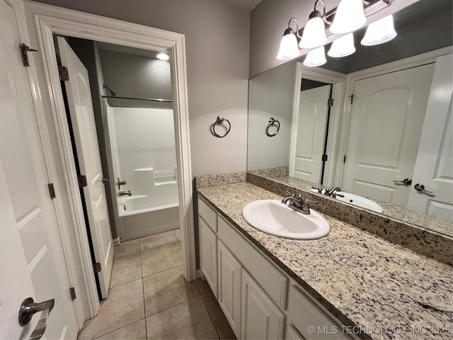 full bath with tile patterned flooring, vanity, and bathing tub / shower combination