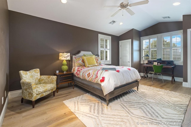 49721 E 95th Rd, Miami, OK 74354 - bedroom featuring vaulted ceiling, light wood-style floors, visible vents, and baseboards