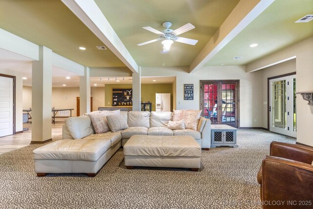 49721 E 95th Rd, Miami, OK 74354 - carpeted living room with visible vents, recessed lighting, baseboards, and a ceiling fan