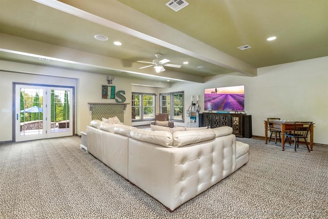 49721 E 95th Rd, Miami, OK 74354 - living room featuring beamed ceiling, recessed lighting, carpet, and visible vents