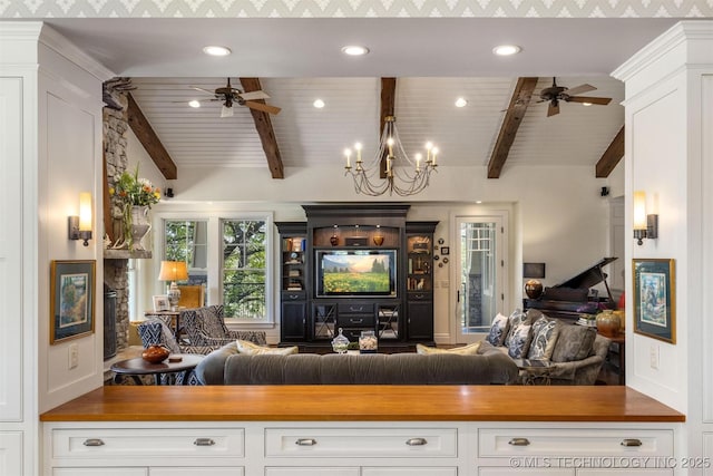 49721 E 95th Rd, Miami, OK 74354 - living area with wooden ceiling, lofted ceiling with beams, and ceiling fan with notable chandelier