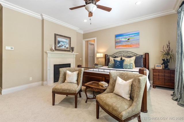 49721 E 95th Rd, Miami, OK 74354 - bedroom with crown molding, baseboards, a tiled fireplace, light colored carpet, and recessed lighting