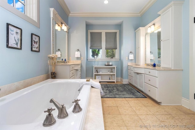 49721 E 95th Rd, Miami, OK 74354 - bathroom with a garden tub, two vanities, ornamental molding, and tile patterned flooring