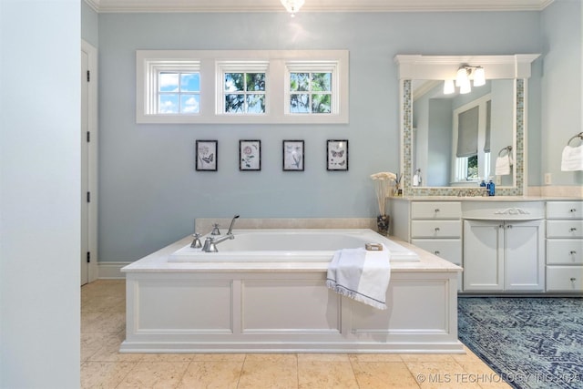 49721 E 95th Rd, Miami, OK 74354 - full bathroom with tile patterned flooring, vanity, crown molding, and a garden tub