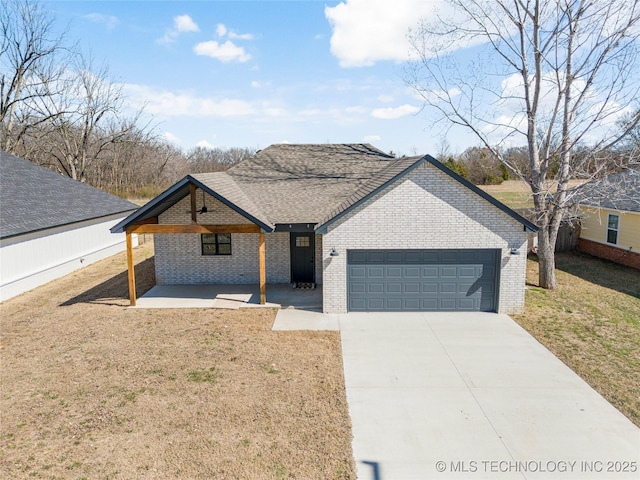 ranch-style house with a garage, driveway, a front lawn, and brick siding