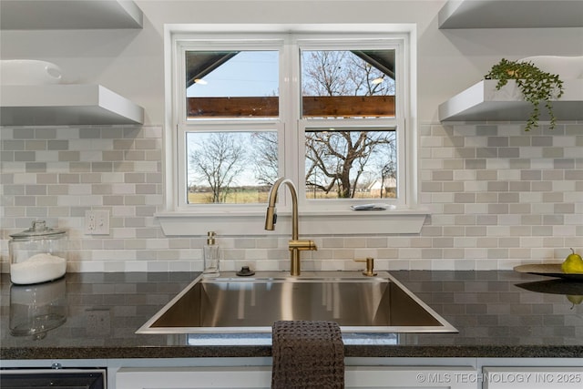 9545 S Cincinnati St, Sperry, OK 74073 - kitchen with a sink, dark countertops, tasteful backsplash, and open shelves