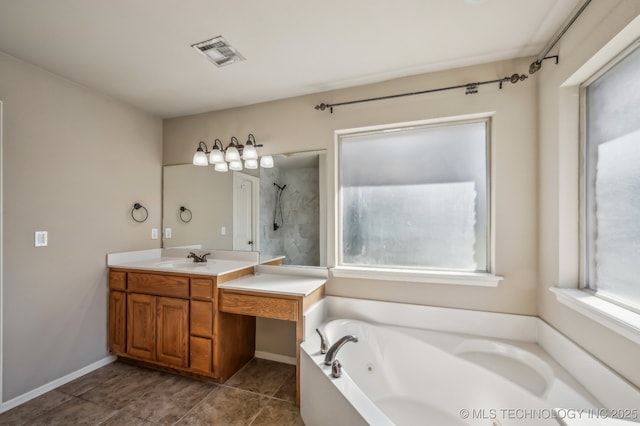 full bath featuring visible vents, a jetted tub, tile patterned flooring, a tile shower, and vanity