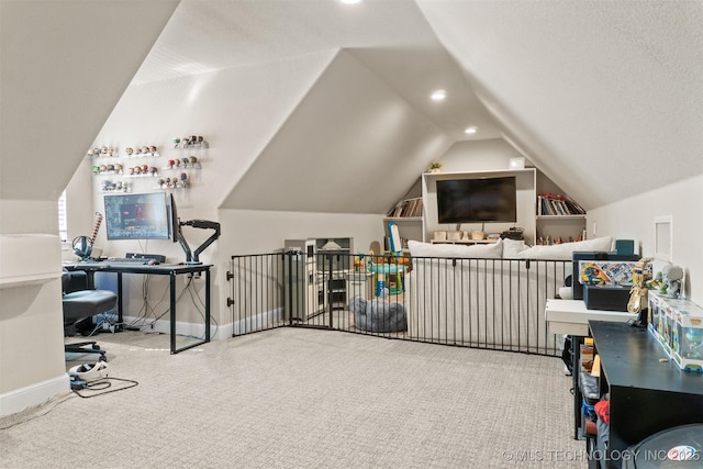 additional living space featuring lofted ceiling, recessed lighting, carpet, and baseboards