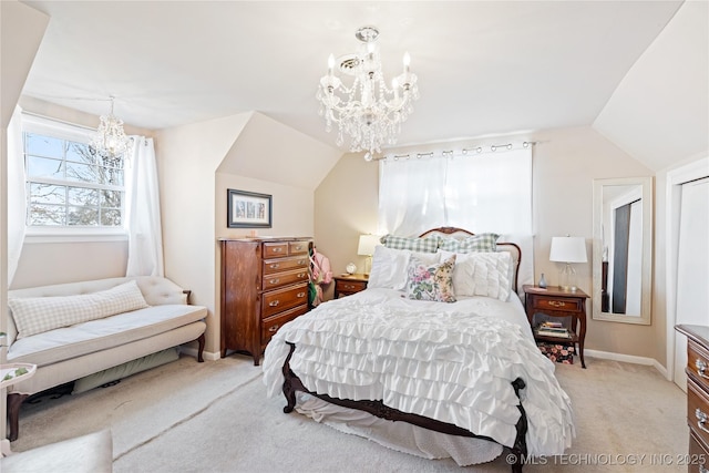 bedroom featuring light colored carpet, baseboards, a notable chandelier, and vaulted ceiling