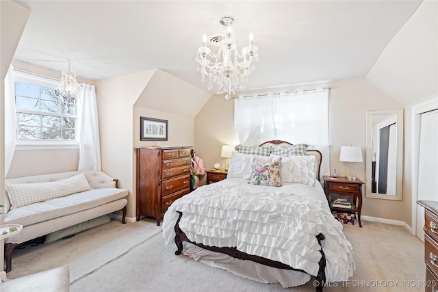 bedroom featuring an inviting chandelier, vaulted ceiling, light colored carpet, and baseboards