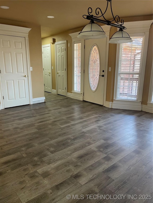 foyer entrance with baseboards, a healthy amount of sunlight, and dark wood-style flooring