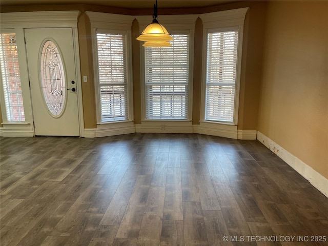 entryway with baseboards, plenty of natural light, and dark wood-style flooring