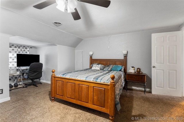 bedroom with a ceiling fan, baseboards, visible vents, vaulted ceiling, and light carpet