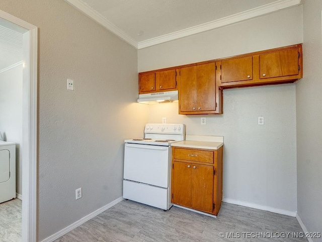 kitchen featuring crown molding, under cabinet range hood, brown cabinetry, washer / clothes dryer, and white electric range