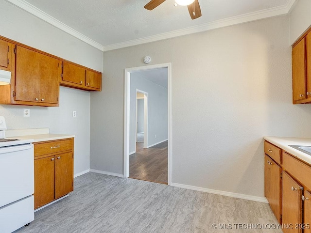 kitchen featuring light wood-style flooring, white range with electric stovetop, crown molding, light countertops, and brown cabinetry