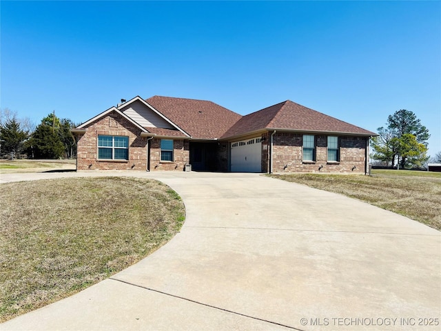 single story home with brick siding, an attached garage, a shingled roof, a front lawn, and driveway