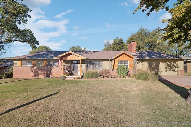 ranch-style house with brick siding, a chimney, and a front lawn