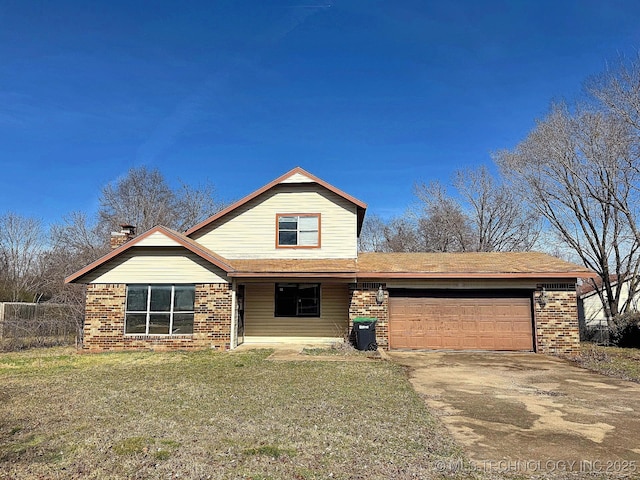 view of front of house with brick siding, a garage, and a front lawn