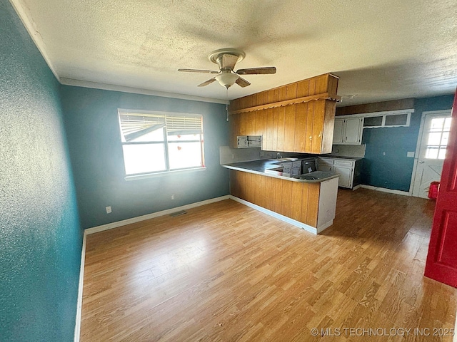 kitchen with a peninsula, wood finished floors, visible vents, and baseboards