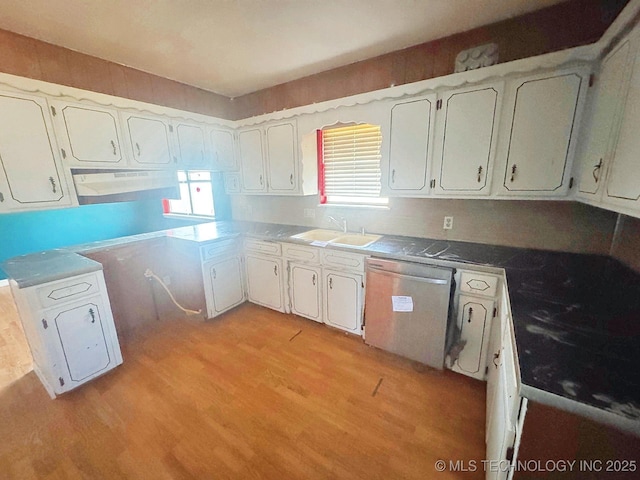 kitchen with light wood-style flooring, under cabinet range hood, a sink, stainless steel dishwasher, and white cabinetry