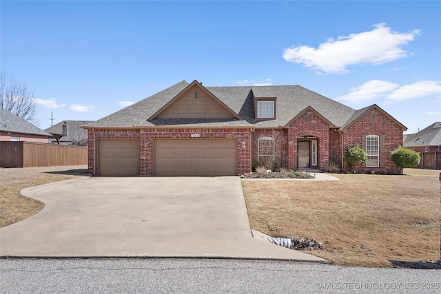 view of front of house featuring brick siding, a shingled roof, fence, concrete driveway, and an attached garage