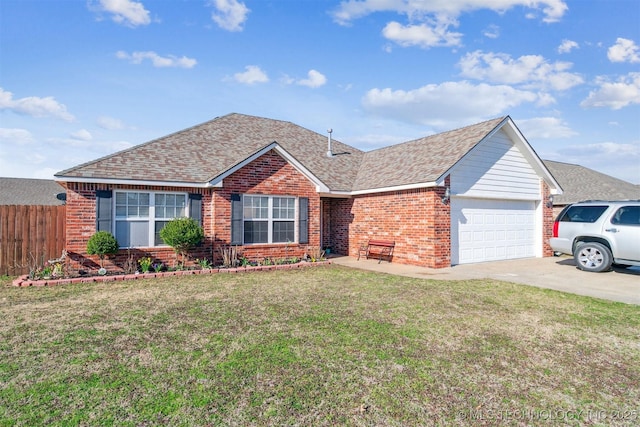 ranch-style home featuring brick siding, a front yard, roof with shingles, a garage, and driveway