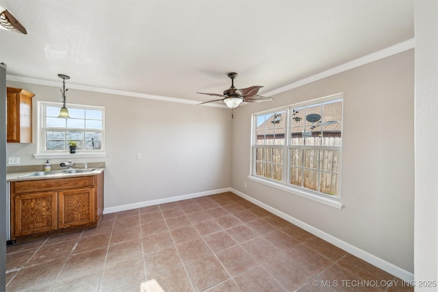 interior space with ornamental molding, baseboards, and a sink