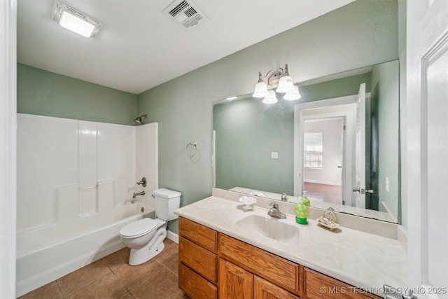 bathroom with tile patterned floors, visible vents, toilet, shower / bathing tub combination, and vanity